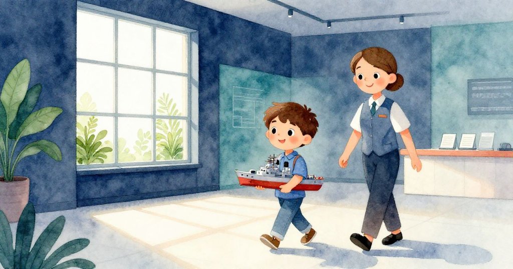 Sam帶著小戰艦模型進入博物館大廳，與友善導覽員同行，晨光透過窗戶灑在植物間，臉上充滿期待與喜悅。