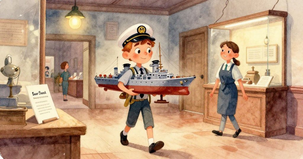 Sam專注地展示著印有船長頭銜的紙卡，手持技巧精細，旁邊是精緻小戰艦模型，場景細節豐富，氛圍庄重。