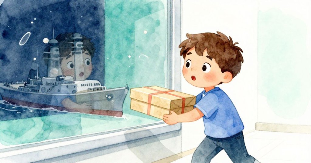 Sam在明亮窗戶反射中露出驚訝表情，風使盒子翻飛零件散落，玻璃中映出動感與細膩光影，情勢令人期待。