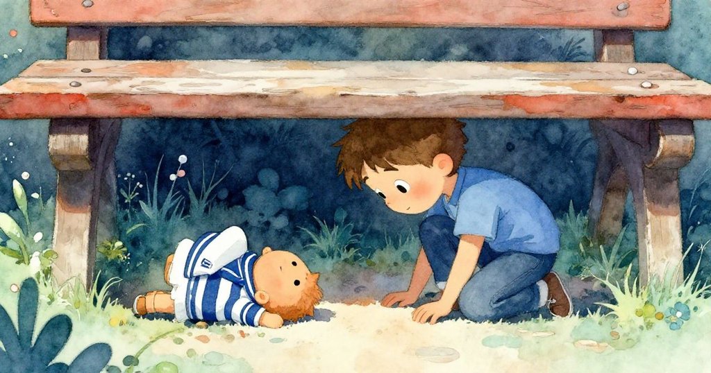 Sam蹲下仔細搜尋木椅下隱匿的小海軍棋子，眼神專注，場景隱秘而溫暖，細節豐富且充滿期待。