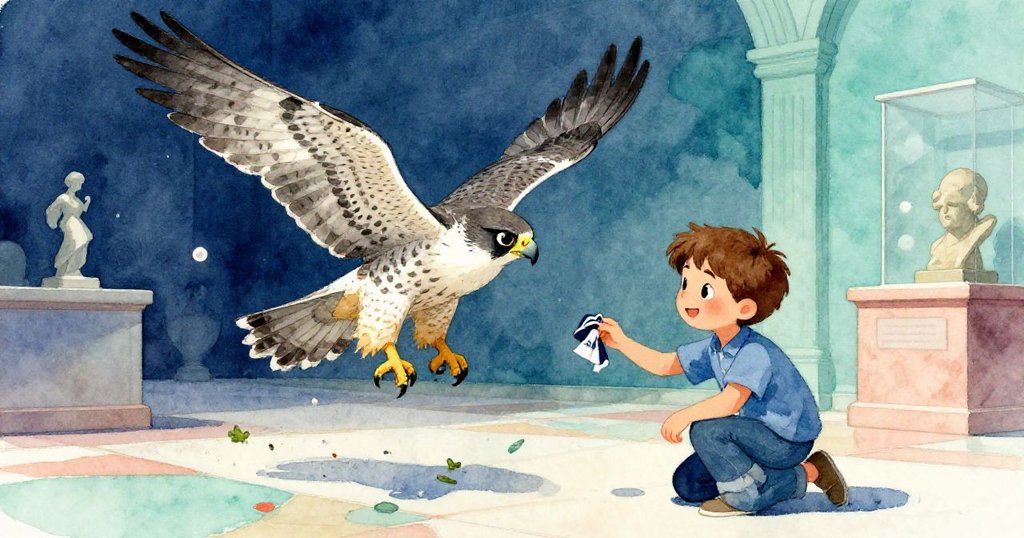 獵鷹優雅降臨室內，振翅攪動散落零件，Sam蹲下緩伸手取回棋子，氣氛緊張卻充滿溫柔關懷。