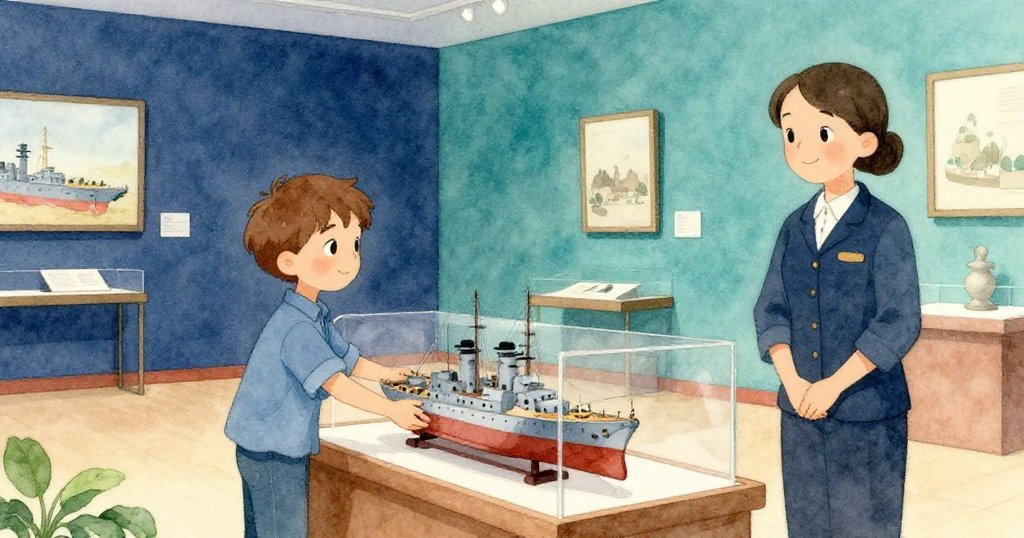 Sam與友善員工在樓上安置戰艦模型，將盒蓋緊閉，環境恢復平和，服務電梯靜立旁邊，臉上流露滿足與輕鬆。