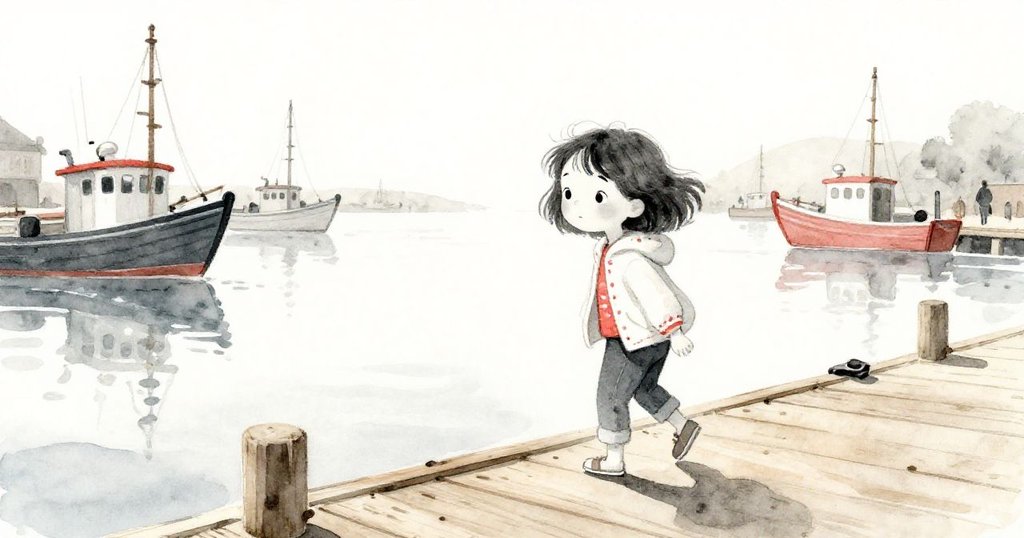 Marin踏入木碼頭，眼中滿懷期待，海面閃耀光芒，背景為停泊漁船展現故事開始。