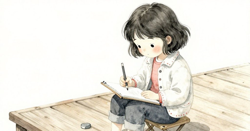 Marin坐在碼頭摺椅上，專注於手中的畫板和鉛筆，細節展現藝術創作準備，充滿期待。