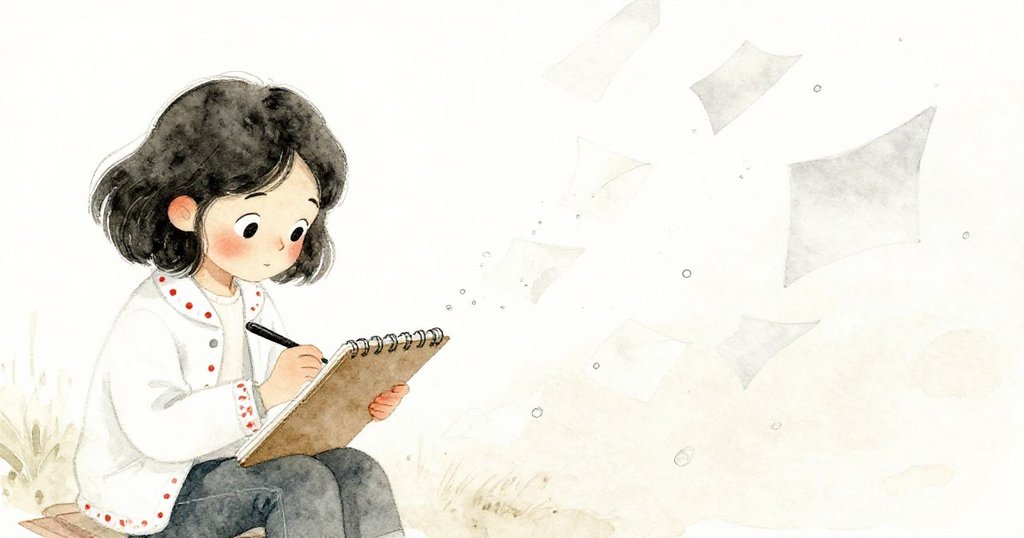 Marin分心繪畫，左側專注勾勒線條，右側紙張隨風飛舞，水滴融入畫中展現創作變化。