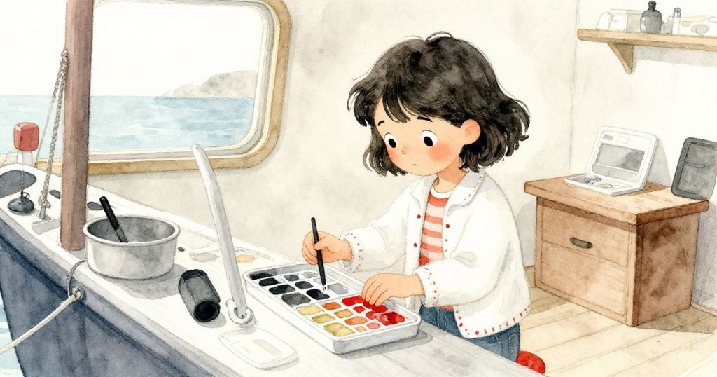 Marin在溫馨船倉內整理畫具，低頭沉思，窗外隱約見海景，準備續寫創作靈感。