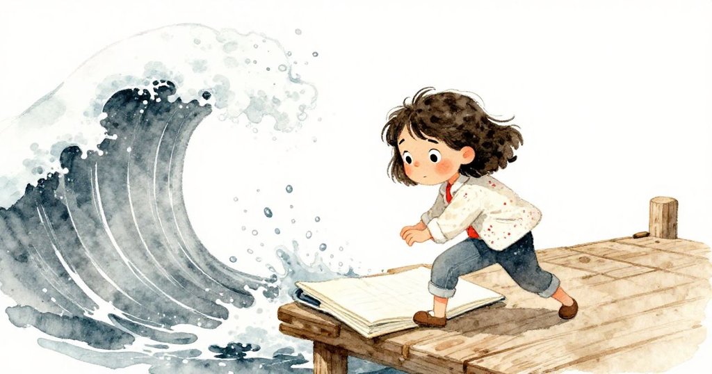 Marin奮力穩住被浪花追逐的畫紙，臉上驚訝堅定海浪濺落於碼頭上，展現自然動感。