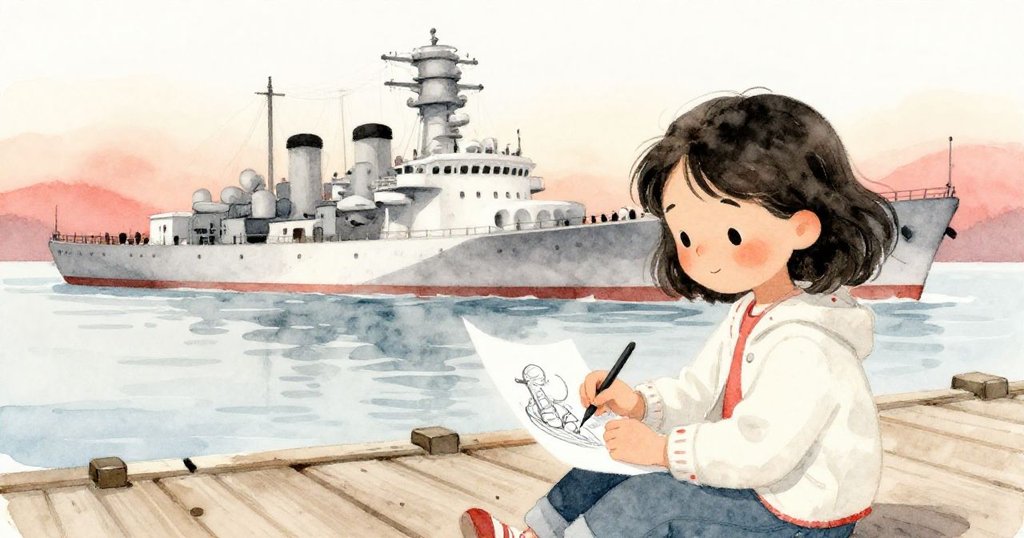 Marin站在夕陽碼頭上，滿意欣賞被水彩潤飾的畫作，背景中戰艦靜止重聚，展現創作結局。