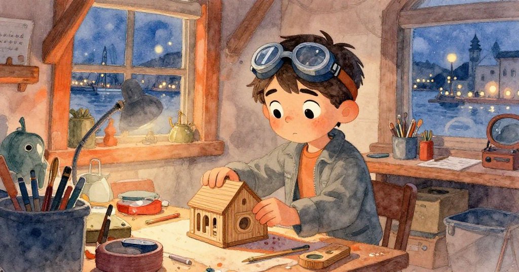 黃昏中,Elliot於閃爍燈光的工作室內專注放置未完成的模型,背景透出海港光芒,呈現堅定與創意。