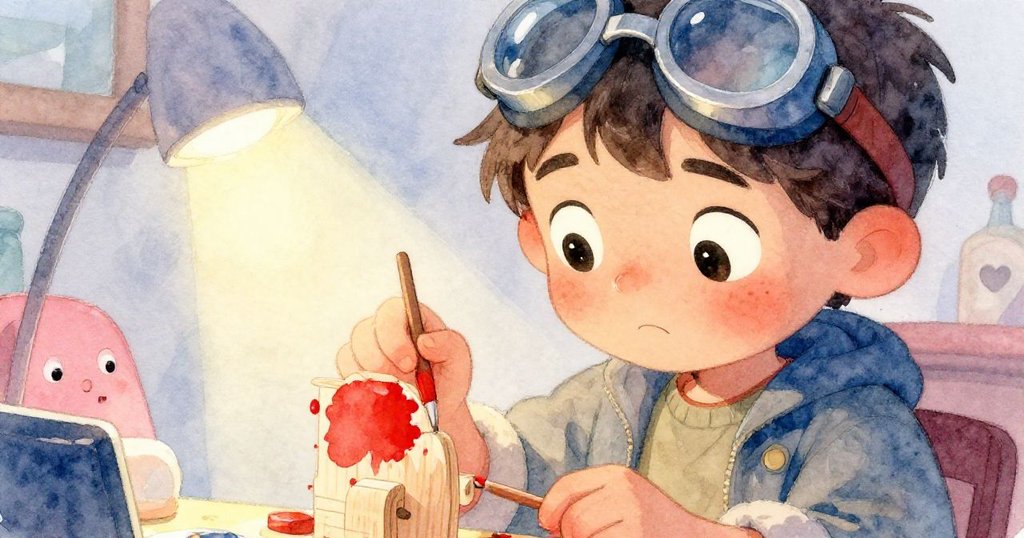 Elliot近距離凝視並專注清理模型上亮紅色油漆,臉上流露出堅持與希望的情感。