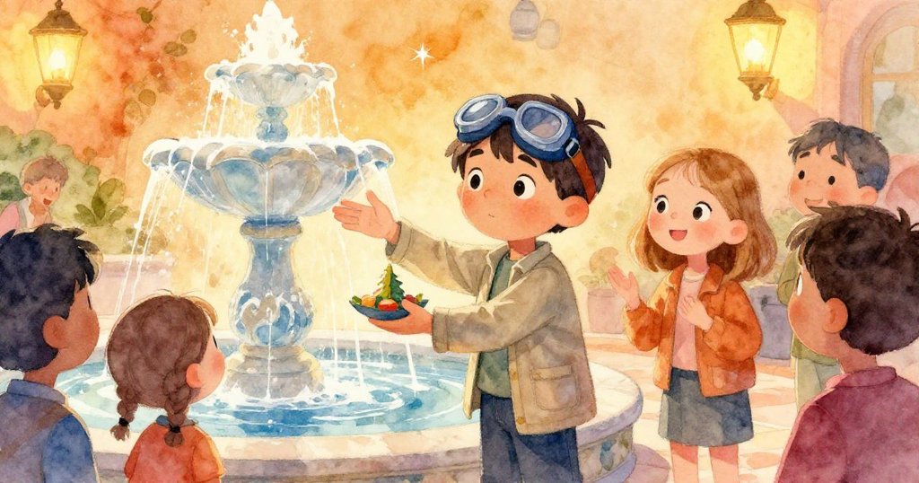 噴泉邊,Mara和評審驚嘆於漂浮模型,Elliot自豪攤開雙手迎接讚美,互動溫馨且充滿決心。