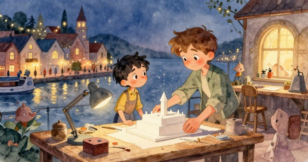 夜深時,模型安靜漂浮於碼頭靜水中,燈光柔和映出勝利光影,整體氛圍祥和慶祝。