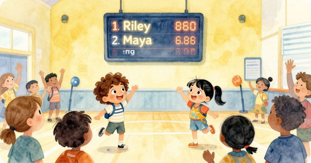 Riley和Maya滿懷喜悅地注視發光數位排行榜，他們微笑著慶祝勝利，現場氣氛熱烈充滿成就感。