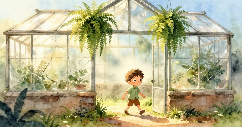 米洛踏入舊溫室,晨霧與金色陽光相伴,展現探索冒險與環境細節。