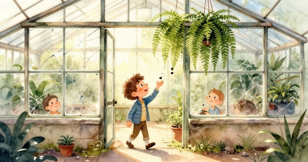 米洛聚精會神地用手檢查桌上斑駁模型與散落土壤,細節豐富彰顯尋寶過程。