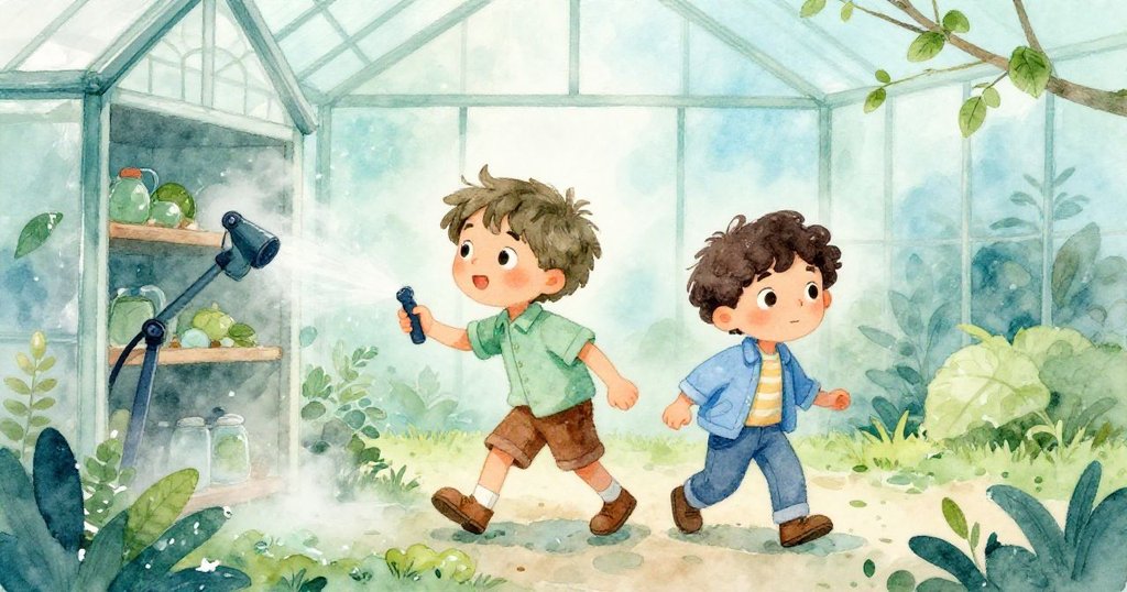 米洛與山姆經過啟動噴霧器的區域,小心踏步鞋上沾滿濕葉,神情專注且氣氛濕潤。