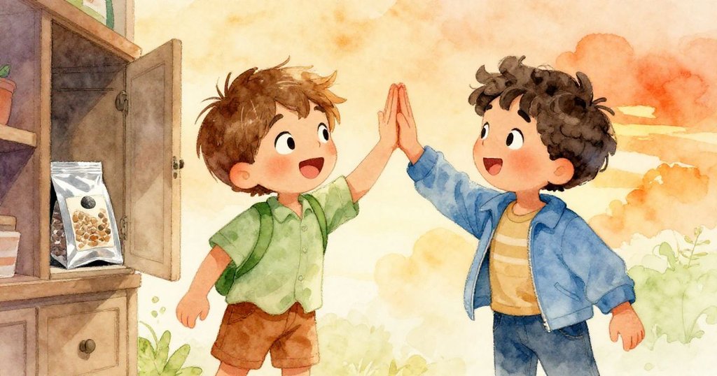 米洛與山姆擊掌慶祝發現閃亮種子包裝,笑容洋溢於溫室夕光中,展現成功喜悅。