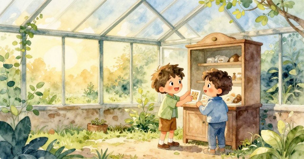 米洛與山姆在溫室內夕陽下並肩微笑,靜賞開啟櫃中寶物,整體氛圍溫馨寧靜。