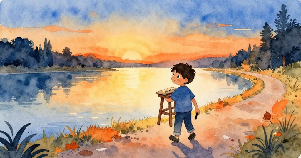 凱於黎明中背著木凳與素描本走在彎曲小徑上,光影柔和,充滿探險期待與寧靜情緒。