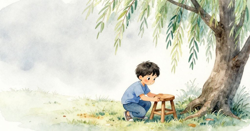 凱蹲在倒下柳樹旁調整搖晃木凳,背景留白呈現孤寂美感,表現出專注與小心調整的神情。