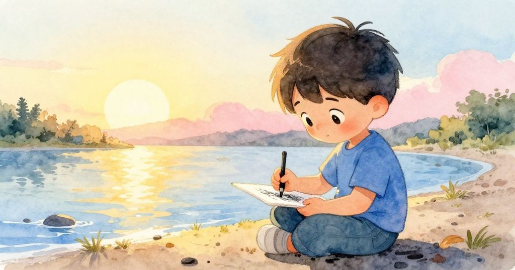 凱坐在濕潤河岸邊,低角度展現專注面容與手繪炭筆動作,背景晨光溫暖且細膩。