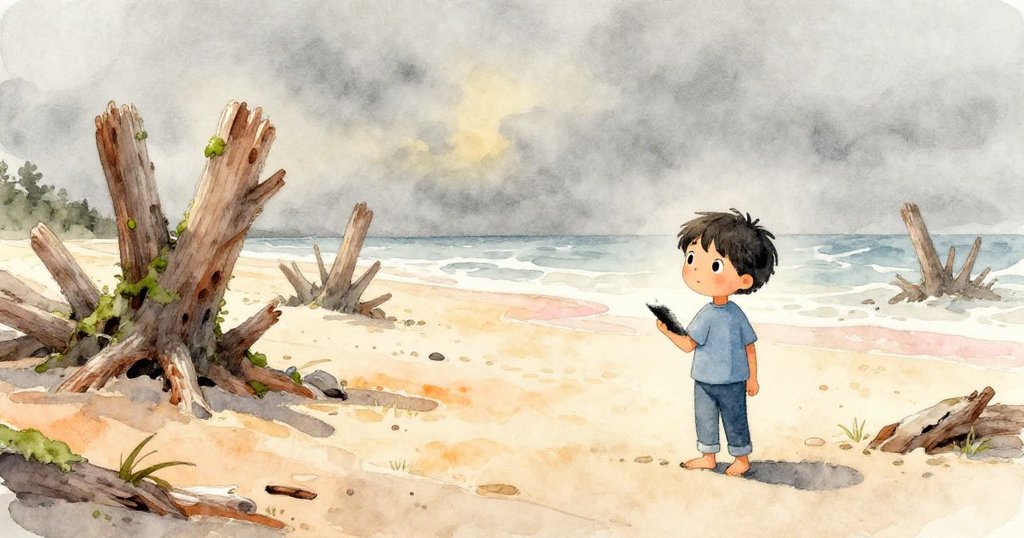 凱靜立於海灘上觀察被颶風破壞後覆苔的斷裂樹幹,背景呈現溫暖橙與柔和灰色調,寓意重生。