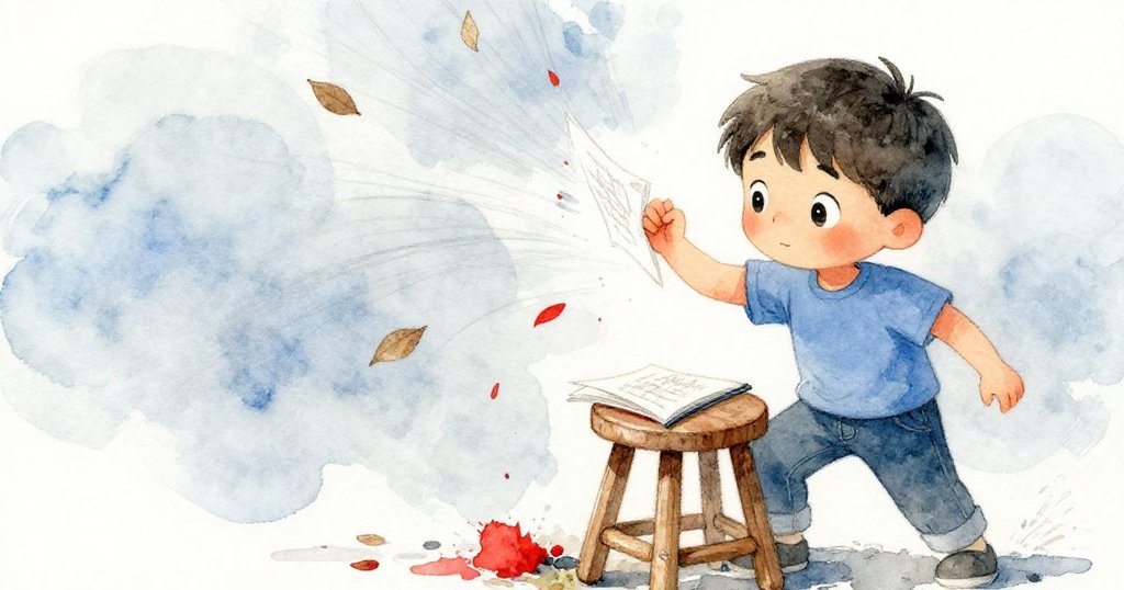 凱因木凳突發聲響驚訝甩臂,素描紙上落葉飛舞,背景呈現冷藍灰調動感瞬間,情緒緊張。