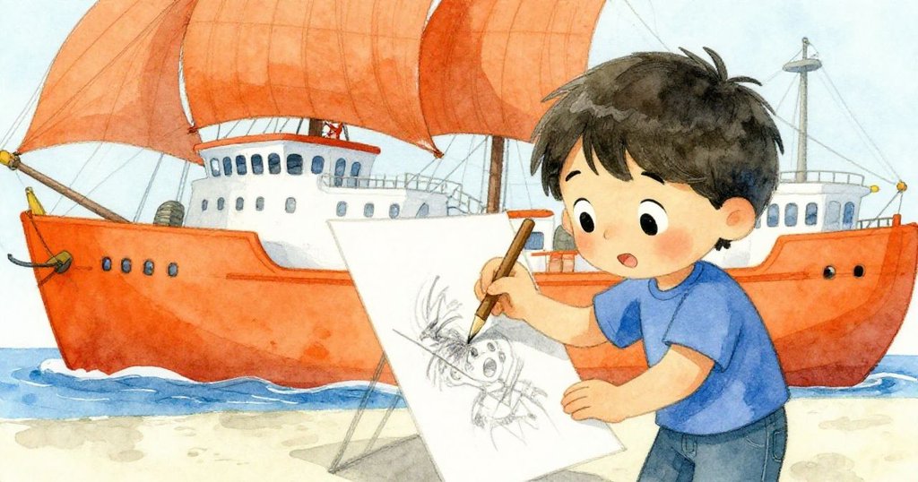 凱滿懷驚喜於供應船露出亮橙面板下,急速完成畫作,背景藍灰交融,象徵希望與圓滿結局。