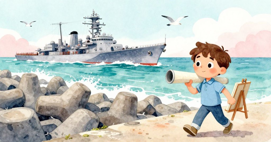 Marcus在海邊斷橋前快步前行，背景中破舊戰艦與飛舞海鷗，步伐堅定，風起浪湧，氣氛動感。