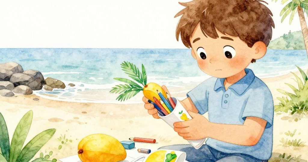 Marcus認真打開裝有鉛筆和紙張的畫筆桶，手法細膩，背景隱約見海邊斷橋與柔和光線，專注又溫馨。