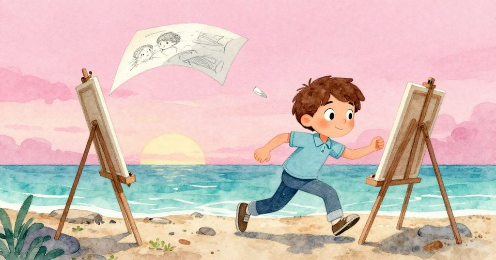 Marcus急忙追逐被風捲起的畫紙，畫架傾斜，海邊狂風中顯現驚訝神情，動感十足展現專注與急促。