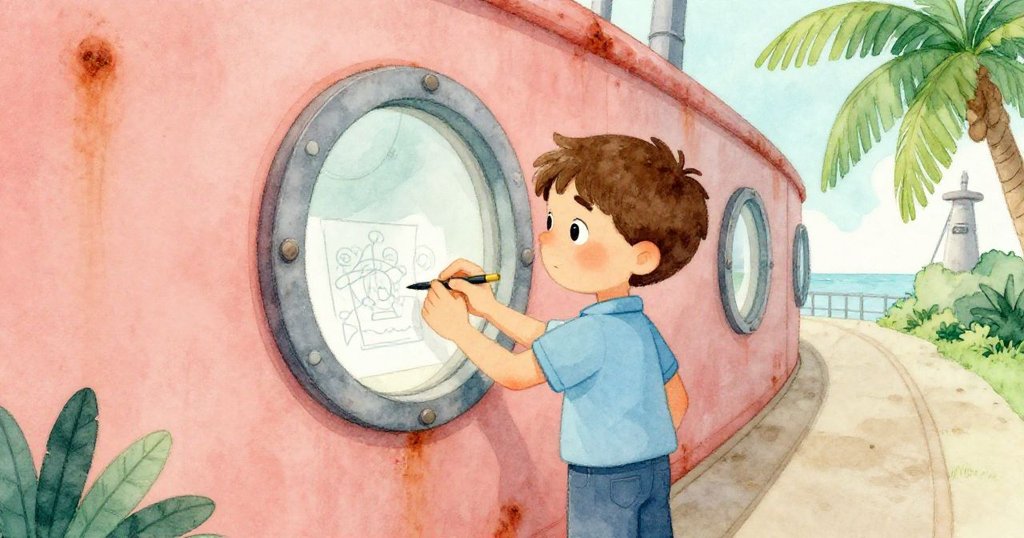 Marcus在破舊軍艦內部靜謐走廊靠近圓形舷窗處重新作畫，色調溫柔平和，流露專注與回憶情懷。