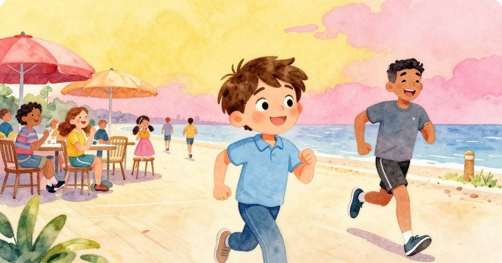 Marcus與快樂慢跑者及街邊咖啡人群在陽光下互動歡笑，小組共享喜悅，海邊人潮溫暖且充滿活力。