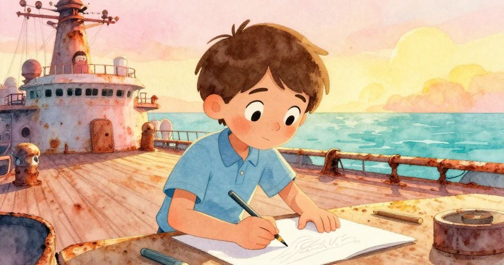 Marcus在夕陽餘暉中完成最後畫作，臉上洋溢滿足與平靜，溫暖光線透過舷窗映照內部甲板，展現藝術勝利與寧靜。