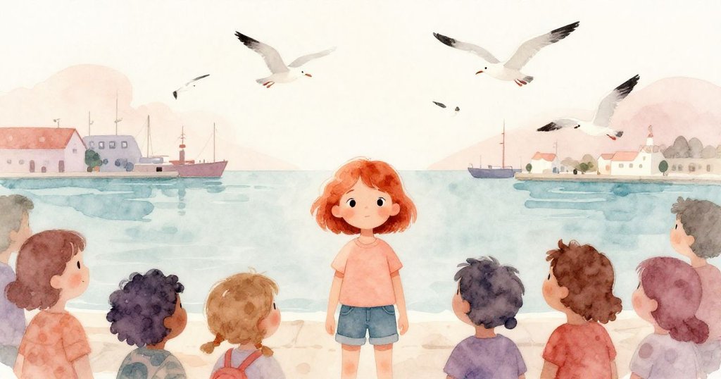Ruby站在陽光港口中，與人群和海鷗互動，充滿期待與興奮，背景展現閃耀的海面和繁忙港口。