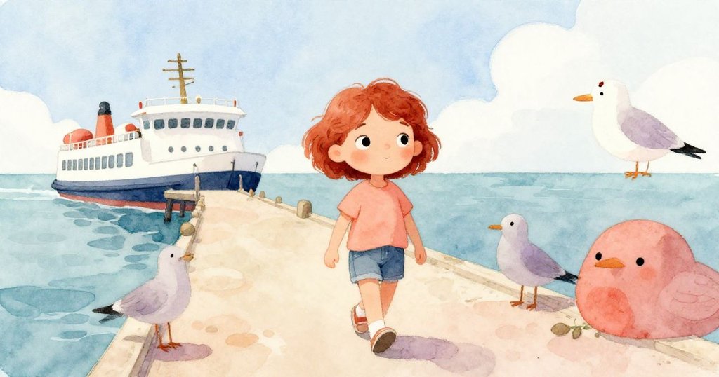 從海鷗視角看，Ruby沿碼頭向渡船走去，藍天海面映襯下展現動態與美好冒險前奏。