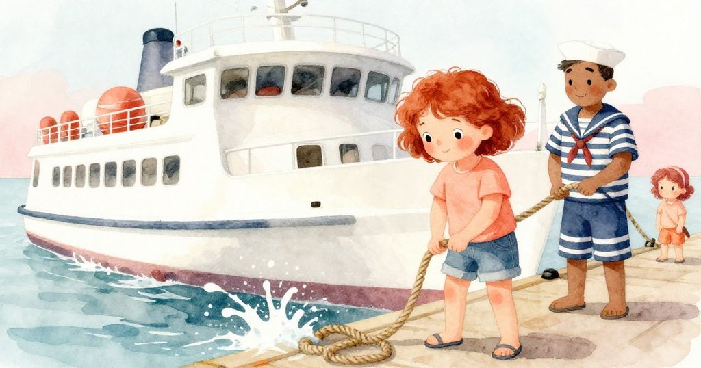 在碼頭邊，水手忙著綁繩，渡船靜候出航，Ruby側身觀察，水花飛濺中洋溢著冒險前的激動。