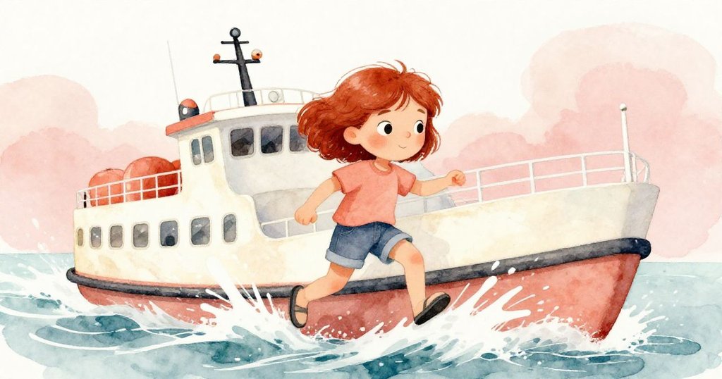 突風吹動渡船，Ruby邁步登船，臉上展現穩定和勇氣，浪花激起海面，充滿冒險氣息。