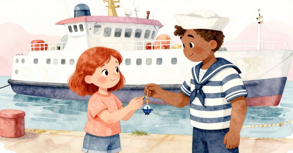 渡船靠泊後，水手微笑遞出護符，Ruby溫柔接過，彼此眼神中流露祝福與冒險成功的喜悅。