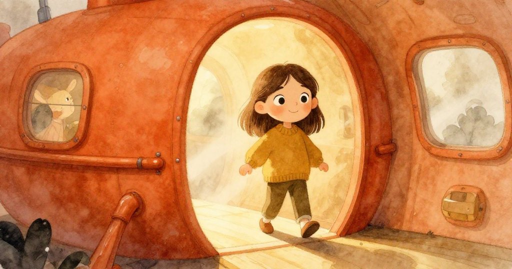 Mia穿著mustard毛衣走進潛艇，手持新相機，注意到地上的柔光，背景充滿溫暖的金橙晨霧感。