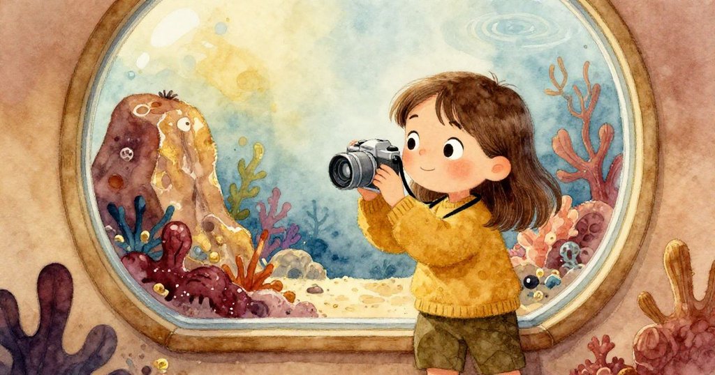 Mia舉起相機對著圓形窗戶，窗外藍色水族箱中石頭、珊瑚和大章魚靜靜飄移，她目光充滿驚奇。