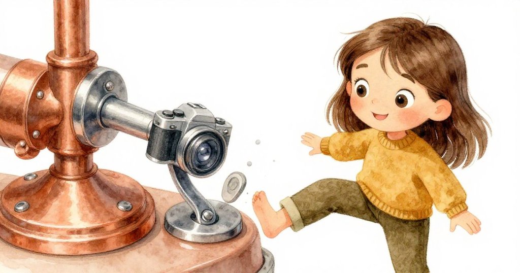 Mia不小心用腳碰到銀色槓杆，相機帶觸碰槓杆發出叮咚聲，座椅突然向後滾動，她表情驚訝。