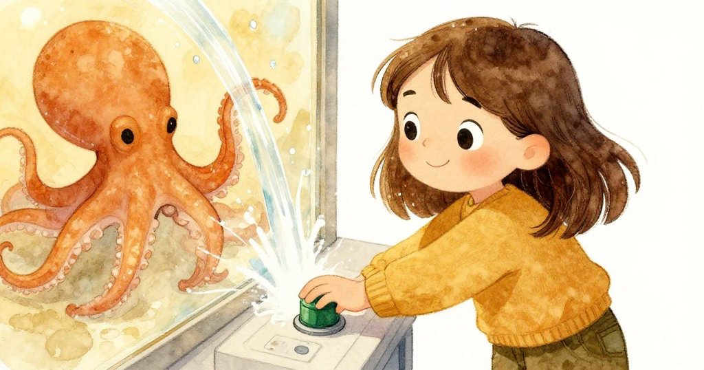 Mia快速按下綠色旋鈕，隨著艙內明亮水光湧入，她臉上露出鬆一口氣的微笑，而窗外章魚輕拍玻璃。