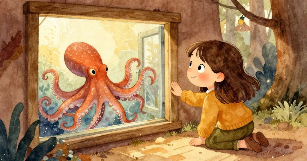 Mia安心地看著章魚輕敲窗戶，艙內充滿明亮光線，她臉上流露出驚奇與滿足，整個場景充滿溫暖喜悅。