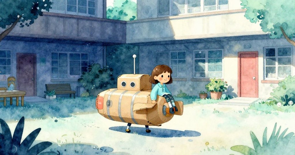 Lena站在寧靜校園庭院中，肩上頂著畫有銀色條紋的紙板潛艇，表情專注期待，場景溫暖寧靜，預示冒險開始。