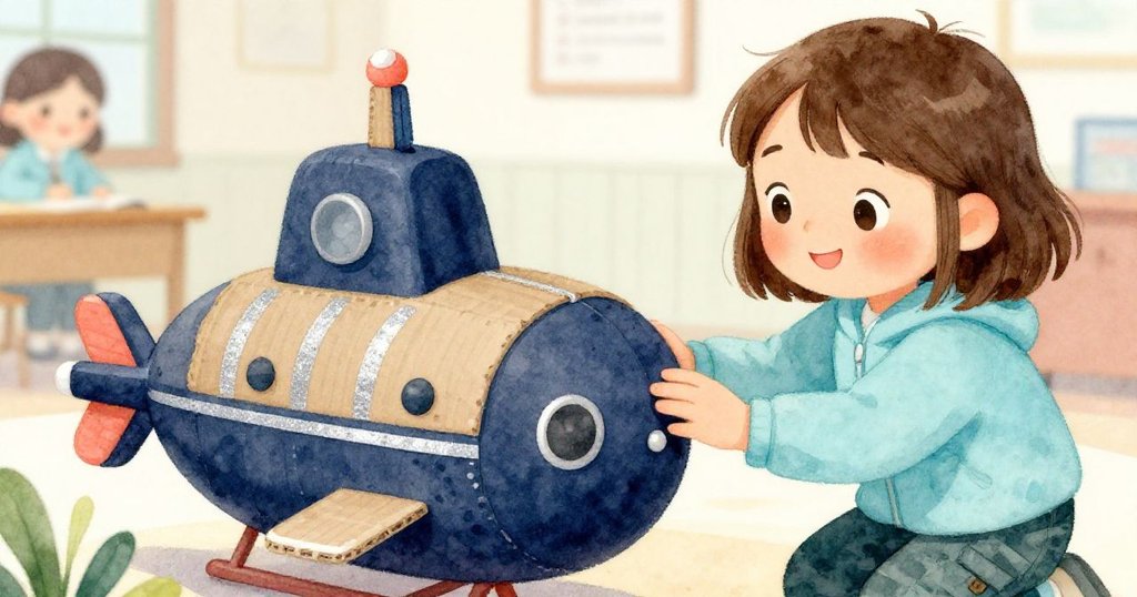 Lena用柔和手勢檢查精心繪製銀色條紋的紙板潛艇，細部展示藝術用心與學校背景，表情滿足。