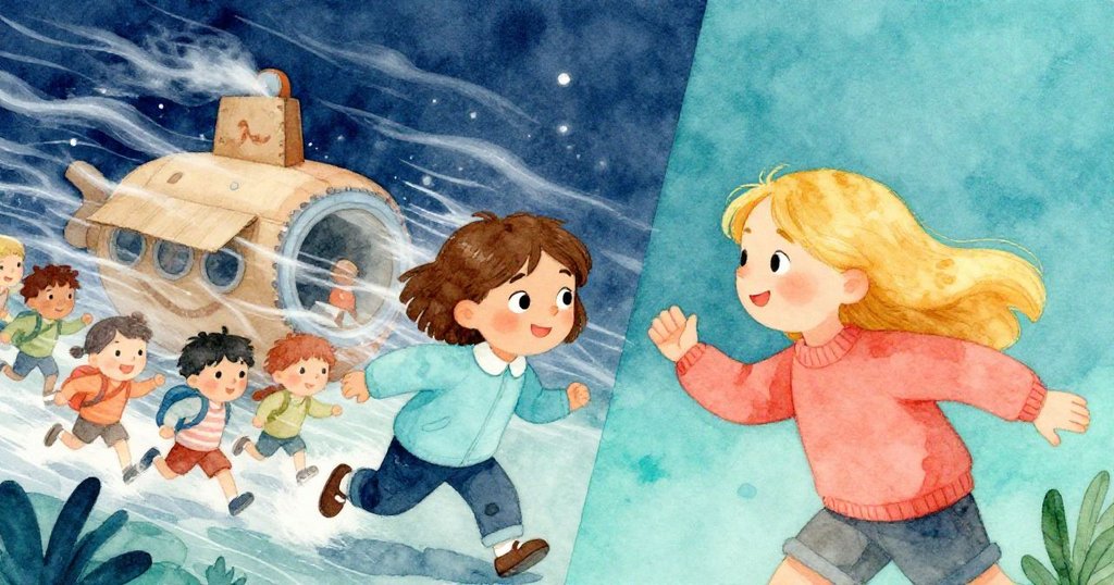 Lena面對陣陣強風和湧動學生擠動潛艇，Mia熱心趕來幫助，場景分割呈現混亂與希望對比。