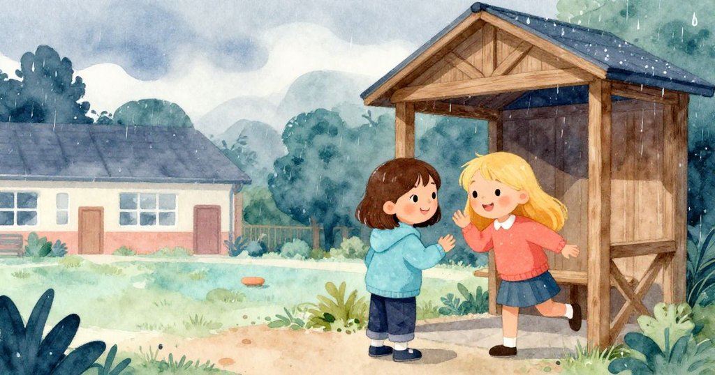 Lena和Mia在初秋微雨中聚集木棚旁，計劃轉移裝飾精美的潛艇，天空漸暗透露出希望與挑戰。