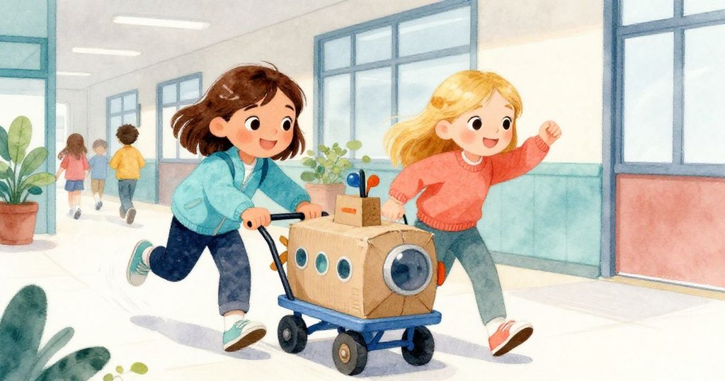 Lena與Mia在擁擠通道中合作推車運送潛艇，動感十足穿梭人群，顯示出追逐緊張與團隊協作精神。