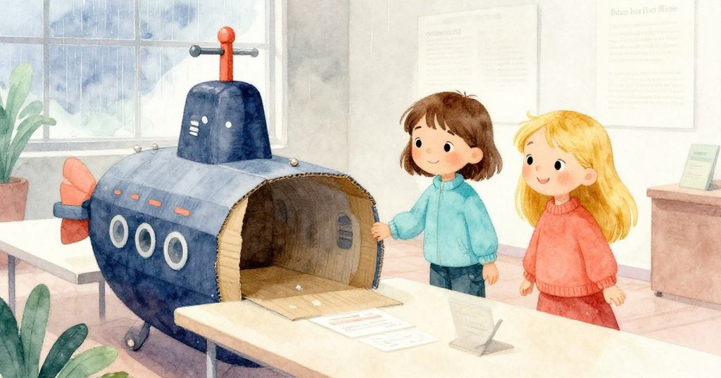 Lena與Mia在展覽廳內見證潛艇安臥桌上，窗外初雨輕敲玻璃，兩人露出安心寧靜的笑容，結局溫暖。